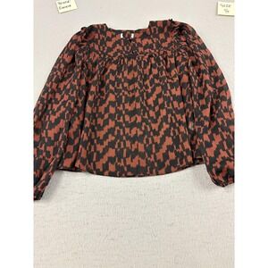 Evereve Blouse Womens Small Brown Black Geometric High Neck Long Sleeve Chiffon